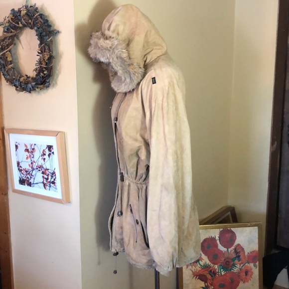 Shea Paris Vail size 14 Suede Leather & Fur Parka Made in USA Cinched Waist Tan - Picture 7 of 16